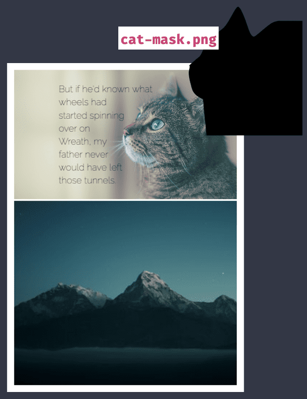 Two panel comic with the text wrapping panel 1’s cat image. An image of the image mask labelled cat-mask.png to the side