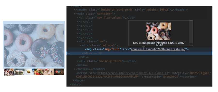 Chrome developer tools screenshot showing image expected vs actual size
